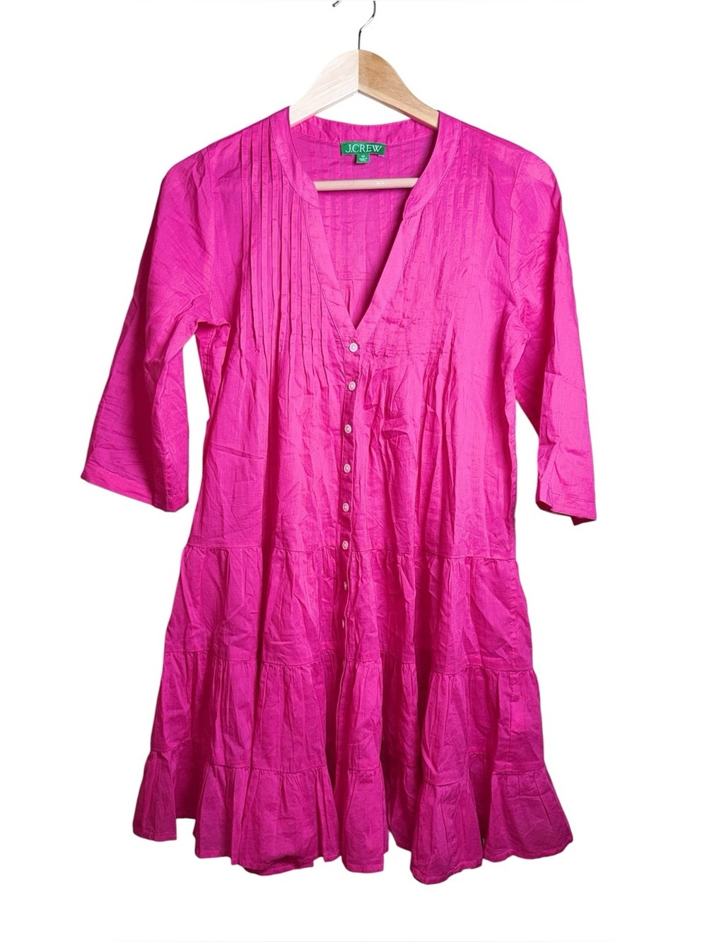 J Crew Cottagecore 3/4 Sleeve Midi Dress Tiered Ruffle XS Cotton Sheer Beach